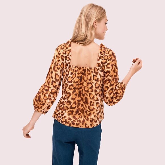 NWT Kate Spade panthera leopard print square neck cotton blouse top, XS - Picture 2 of 11